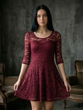 EUC Beautiful Material Girl Size Medium Wine Lace Illusion Skater Dress!!